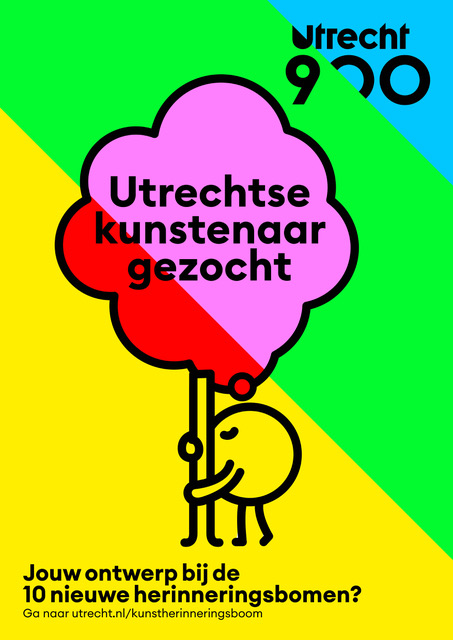 Poster van poppetje bij boom voor een kleurrijke achtergrond, met de tekst 'Utrechts Kunstenaar Gezocht'