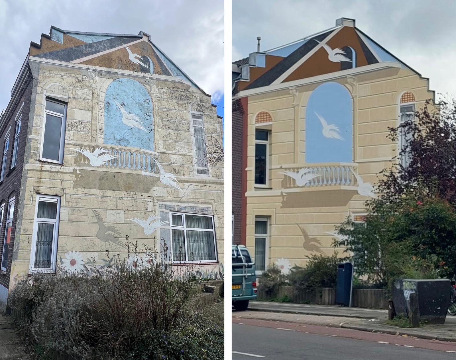 Muurschildering Hans van der Plas - voor en na renovatie